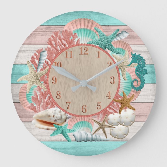 Beautiful Teal and Coral Seashell and Beach Design Large Clock (Front)