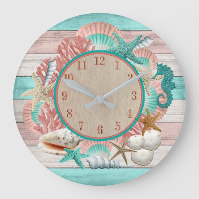 Beautiful Teal and Coral Seashell and Beach Design Large Clock (Front)