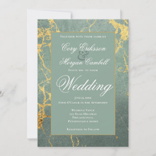 Beautiful Teal And Gold Marbling Wedding Announcement