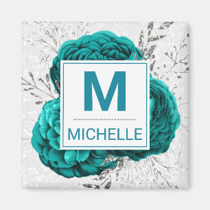 Beautiful Teal and Silver Glitter Flowers Monogram Magnet