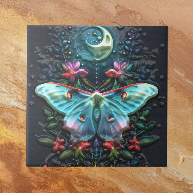 Beautiful Teal Blue Green Luna Moth Moon n Flowers Tile (Creator Uploaded)