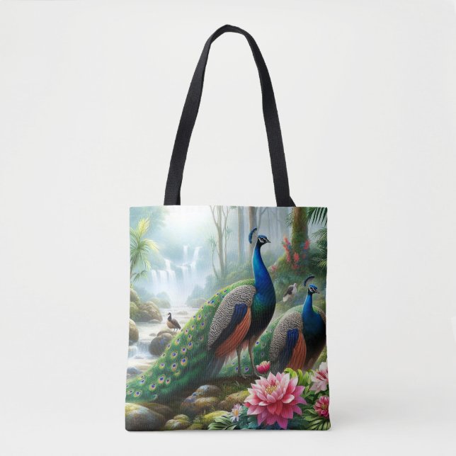 Beautiful Teal Blue Peacock with Flowers Tote (Front)