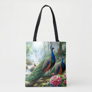 Beautiful Teal Blue Peacock with Flowers Tote Bag