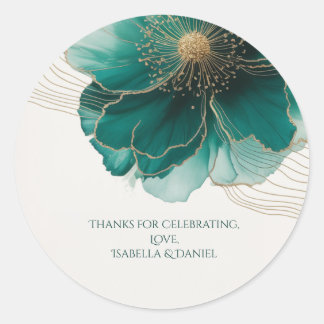 Beautiful Teal Floral Gold Wedding Classic Round Sticker