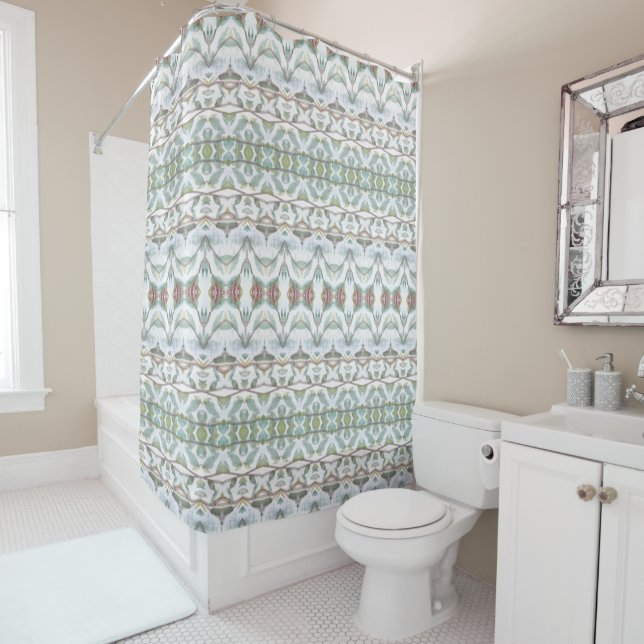Beautiful teal green patterned shower curtain (In Situ)