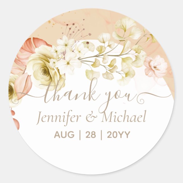 Beautiful Terracotta Floral Wedding Classic Round Sticker (Front)