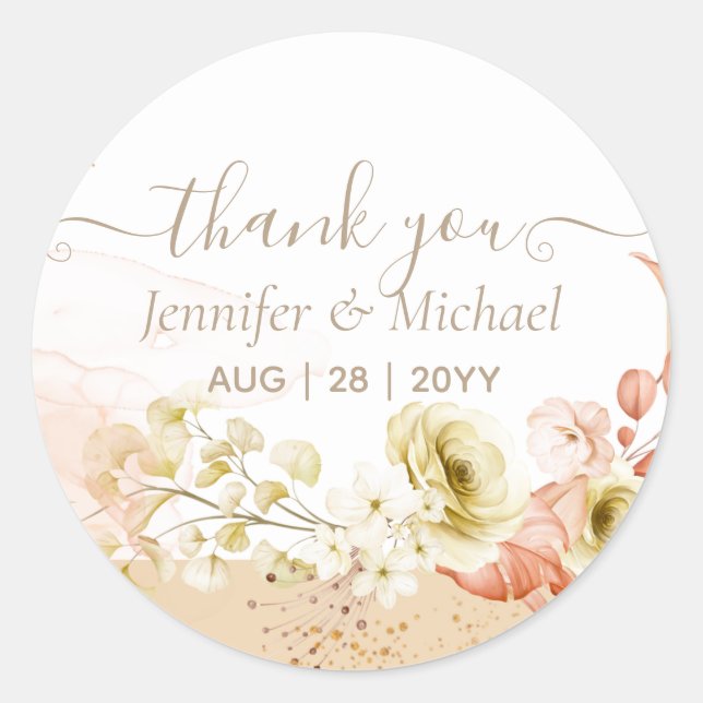 Beautiful Terracotta Floral Wedding Classic Round Sticker (Front)