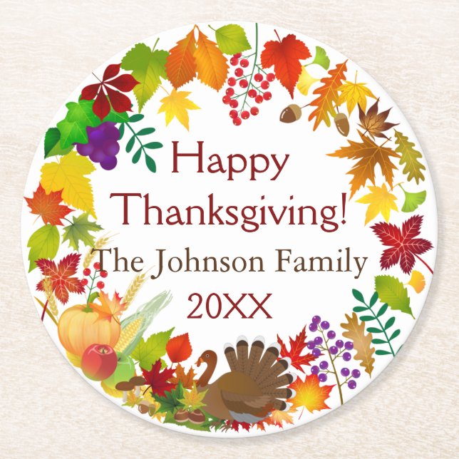 Beautiful Thanksgiving Harvest Round Paper Coaster (Front)