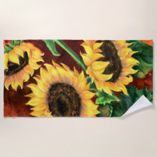 Beautiful Three Sunflowers Beach Towel - Painting