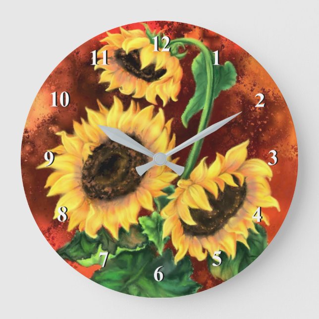 Beautiful Three Sunflowers - Migned Art Painting - Large Clock (Front)