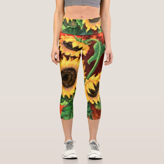Beautiful Three Sunflowers - Migned Painting Art Capri Leggings (Front)