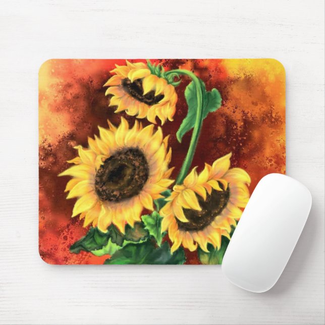 Beautiful Three Sunflowers - Migned Painting Art - Mouse Pad (With Mouse)