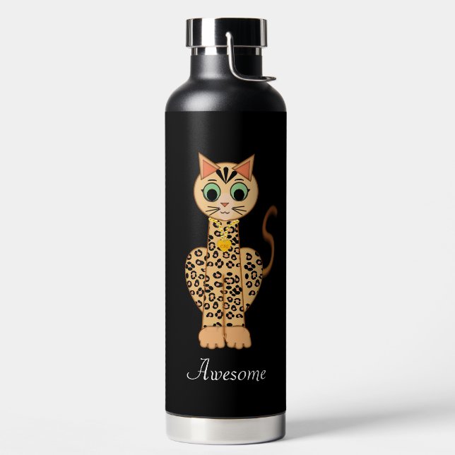 Beautiful Tiger Cat on Black Water Bottle (Left)