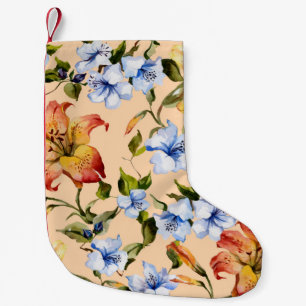 Beautiful tiger lilies and small blue flowers on t christmas stocking