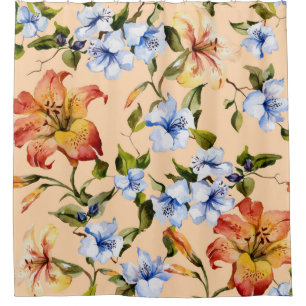 Beautiful tiger lilies and small blue flowers on t shower curtain