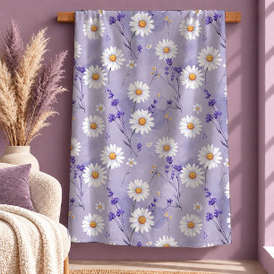 Beautiful Timeless White Daisy Purple Throw Blanke