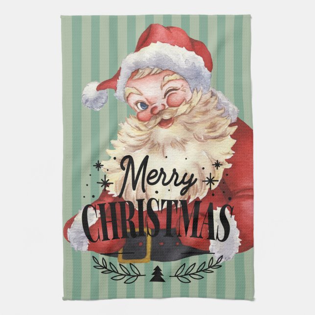 Beautiful traditional Santa Retro Red Green Tea Towel (Vertical)