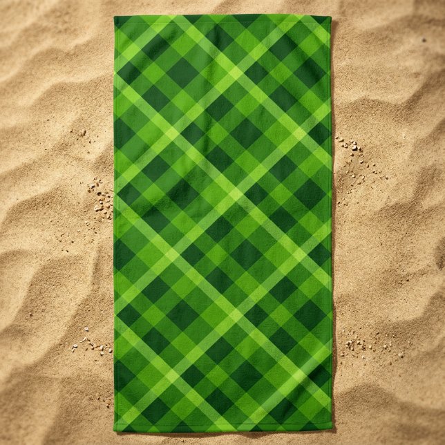 Beautiful Tree Green Plaid Beach Towel (Beautiful Tree Green Plaid Beach Towel laid out on beach sand.)