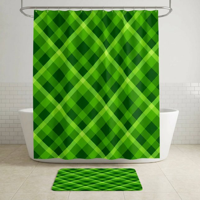 Beautiful Tree Green Plaid Shower Curtain (Beautiful Tree Green Plaid Shower Curtain hanging on a shower rod in a bathroom.)