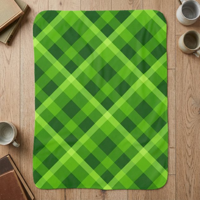 Beautiful Tree Green Plaid Small Sherpa Blanket (Top down view of Beautiful Tree Green Plaid Small Sherpa Blanket on a wooden floor in a home.)