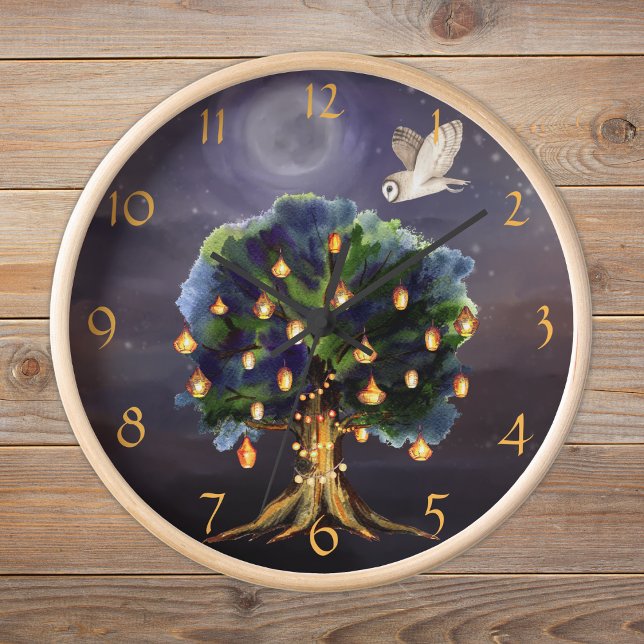 Beautiful Tree with Lanterns, Moon and Owl Clock (Creator Uploaded)