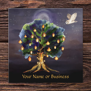Beautiful Tree with Lanterns, Moon and Owl Square Business Card