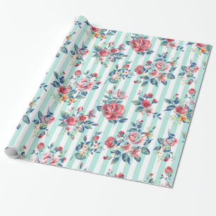 Beautiful trendy girly vintage blue stripes roses wrapping paper