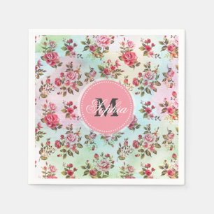 Beautiful trendy girly vintage monogram  roses napkin