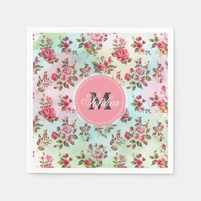 Beautiful trendy girly vintage monogram  roses napkin (Front)