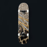 Beautiful trendy leopard faux animal print skateboard<br><div class="desc">Beautiful trendy chic girly leopard animal faux fur print glitter pattern, Leopard, cheetah, cat, wild faux fur animal prints, silver shinning glowing glitter shower effects, gold pearls, white gemstones image. Yellow gold, white, grey, brown, black, cream, colours, glowing, fashion, modern, artistic, stylish, pretty, feminine, love, glamourous, glam, animal print lovers,...</div>