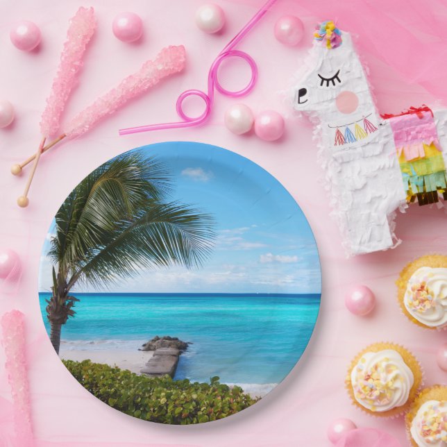Beautiful Tropical Beach Breezy Palm Tree Paper Plate (Party)