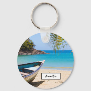 Beautiful Tropical Beach with a Rowboat Key Ring