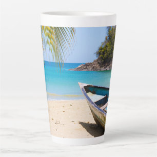 Beautiful Tropical Beach with a Rowboat Latte Mug
