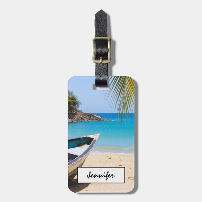 Beautiful Tropical Beach with a Rowboat Luggage Tag (Front Vertical)