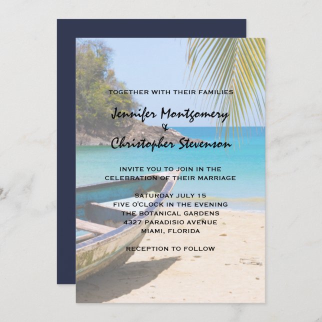 Beautiful Tropical Beach with a Rowboat Wedding Invitation (Front/Back)