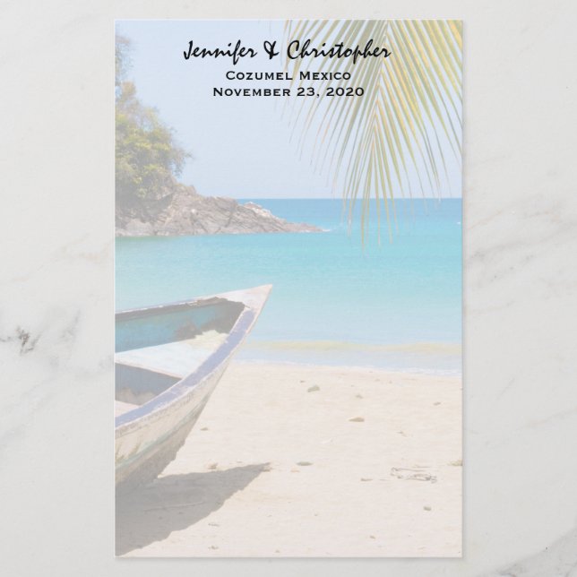 Beautiful Tropical Beach with a Rowboat Wedding Stationery (Front)