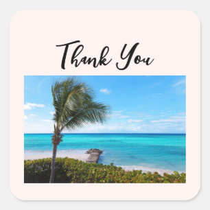 Beautiful Tropical Beach with Palm Tree Thank You Square Sticker