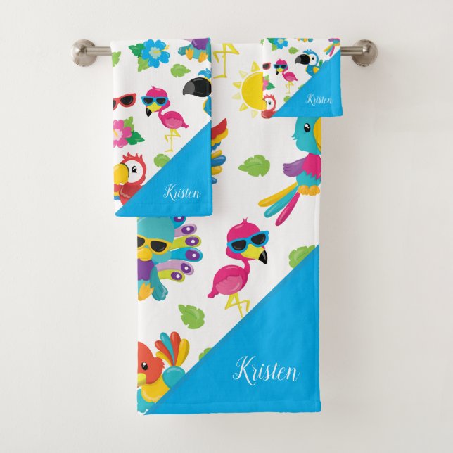 Beautiful Tropical Birds Colourful Paradise Patter Bath Towel Set (Insitu)