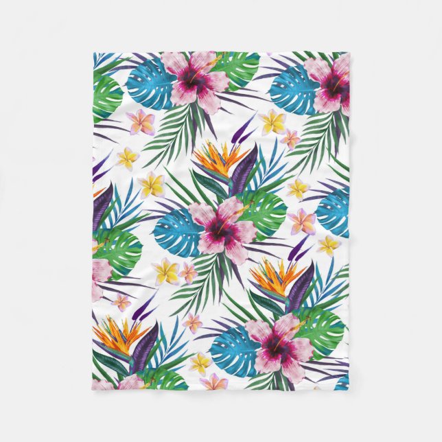 Beautiful tropical floral paint watercolors fleece blanket (Front)