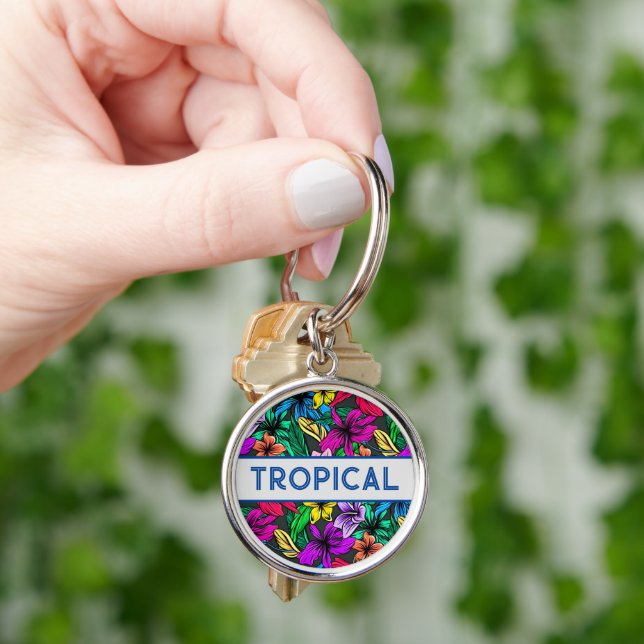 Beautiful Tropical Fun Floral Typography Key Ring (Hand)