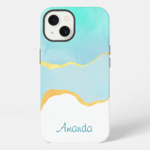 Beautiful Tropical Green Blue with Gold Border iPhone 13 Case