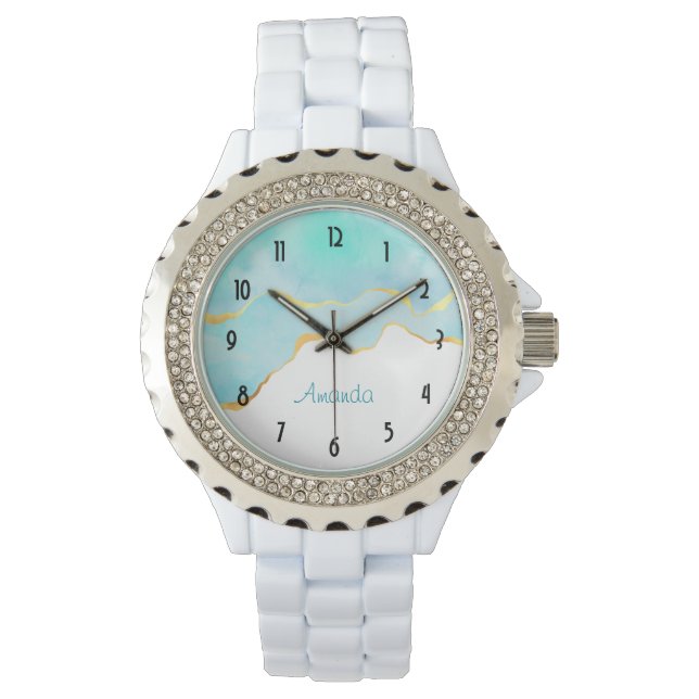 Beautiful Tropical Green Blue with Gold Border Watch (Front)