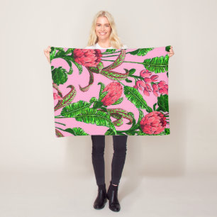 Beautiful Tropical Green Leaves with Red Flowers   Fleece Blanket