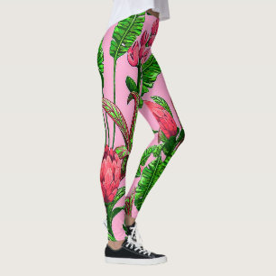 Beautiful Tropical Green Leaves with Red Flowers Leggings