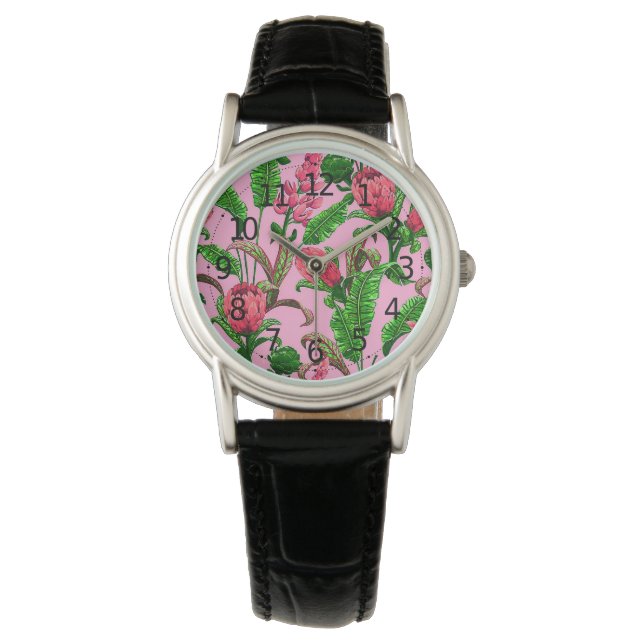 Beautiful Tropical Green Leaves with Red Flowers | Watch (Front)
