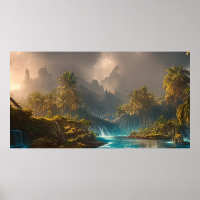 Beautiful Tropical Jungle palm trees and River 1 Poster (Front)
