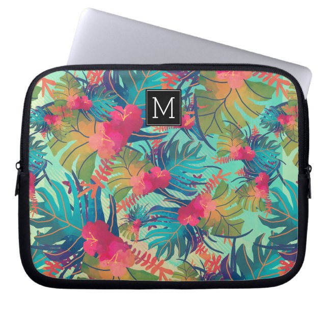Beautiful Tropical Leaves Monogrammed Laptop Sleeve (Front)