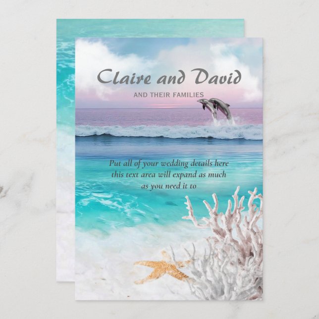 BEAUTIFUL TROPICAL OCEAN SUNRISE DOLPHINS INVITATION (Front/Back)