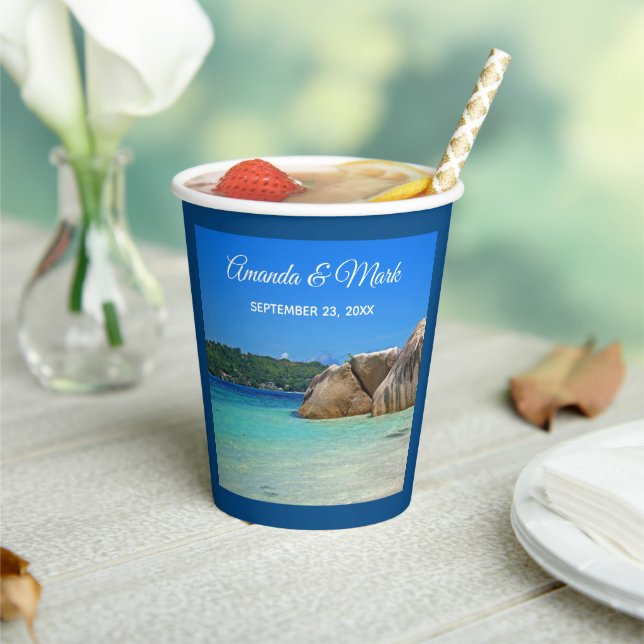 Beautiful Tropical Sea Rocky Coastline Wedding Paper Cups (Insitu)