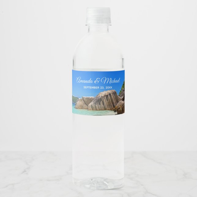 Beautiful Tropical Sea Rocky Coastline Wedding Water Bottle Label (Front)